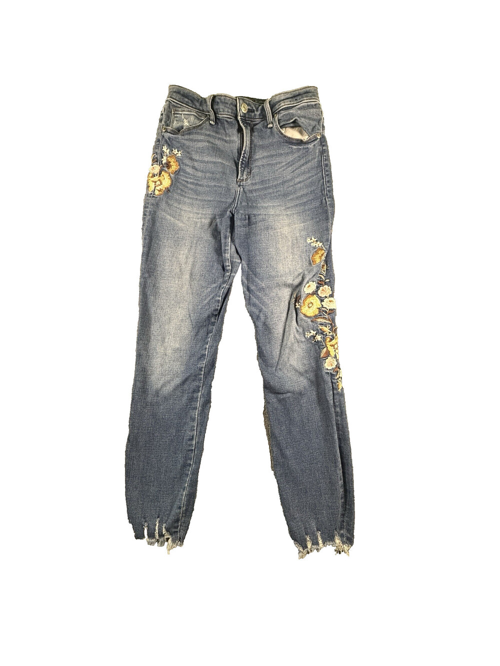 A&F Embroidered Super Skinny High Rise Ankle Blue Denim Jeans Button Zip